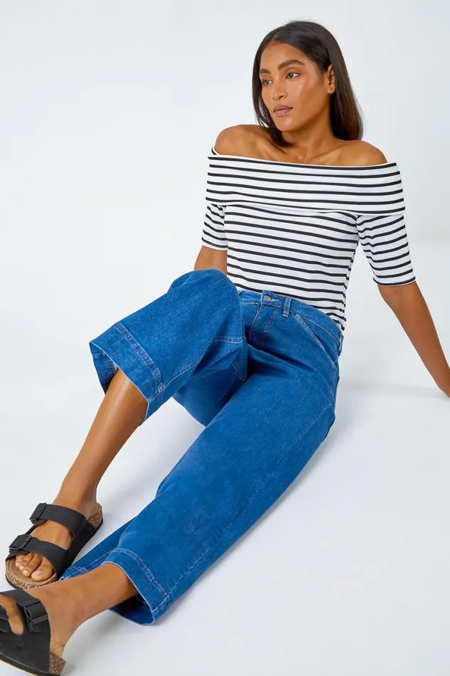 Women Denim Cotton Denim Stretch Culottes Roman Trousers