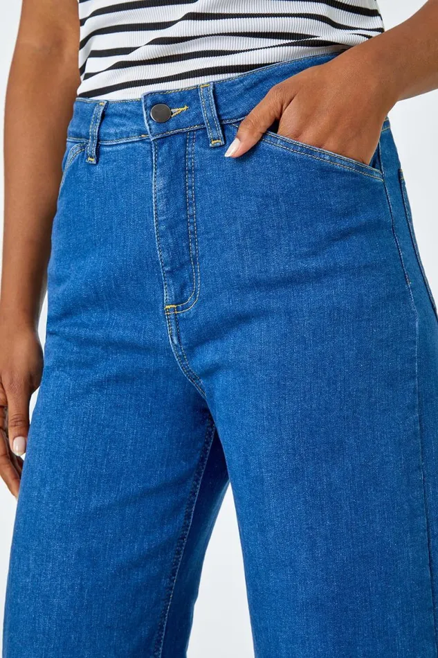 Women Denim Cotton Denim Stretch Culottes Roman Trousers