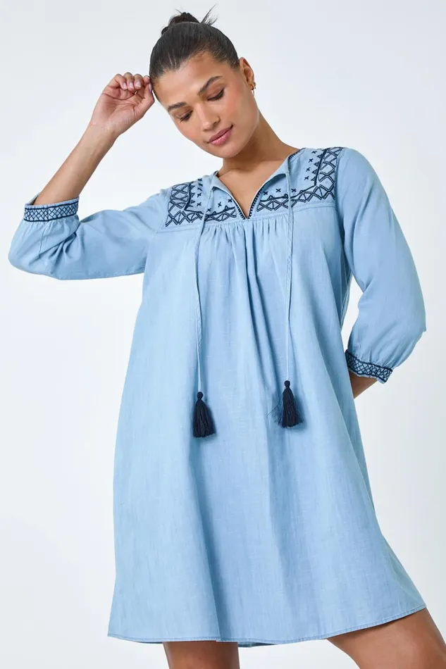 Women Denim Embroidered Tassel Smock Dress Roman Dresses