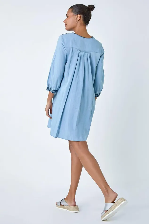 Women Denim Embroidered Tassel Smock Dress Roman Dresses