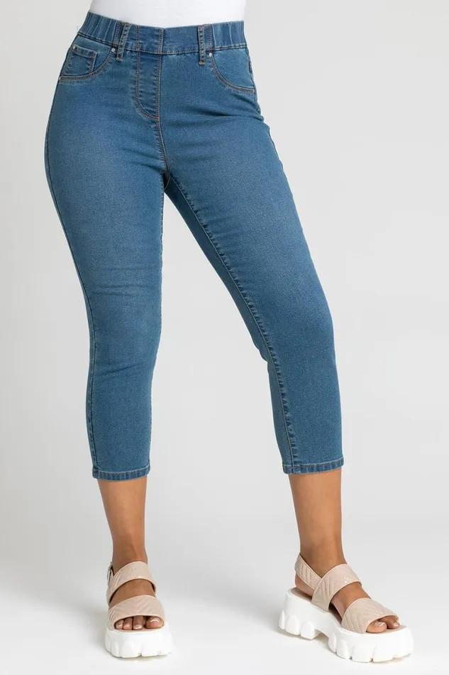 Women Denim Petite Elastic Waist Denim Cropped Jegging Roman Trousers