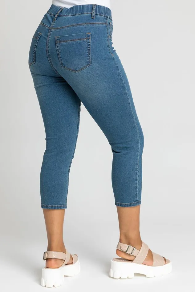 Women Denim Petite Elastic Waist Denim Cropped Jegging Roman Trousers