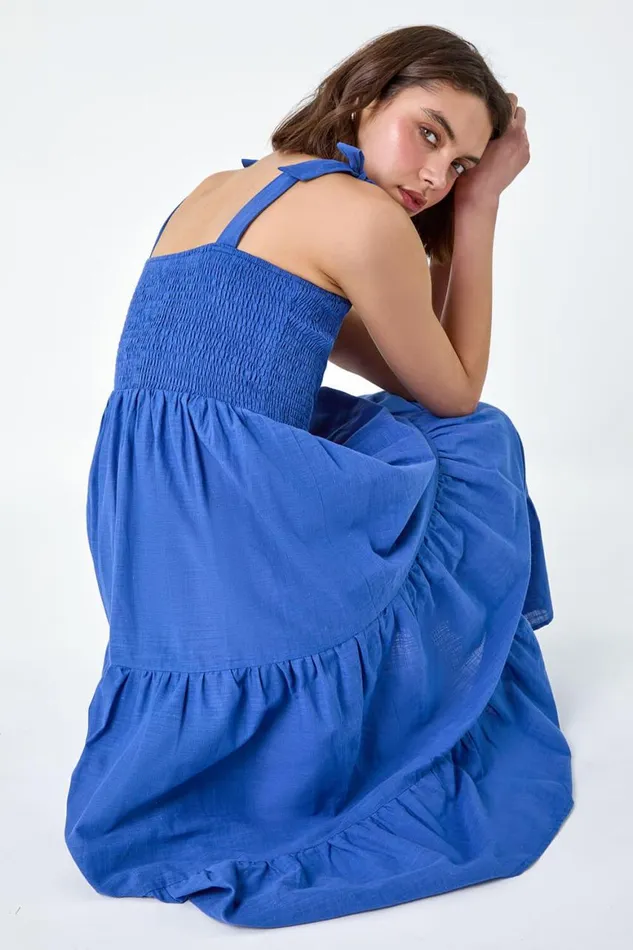 Women Denim Shirred Tie Cotton Tiered Midi Dress Roman Dresses