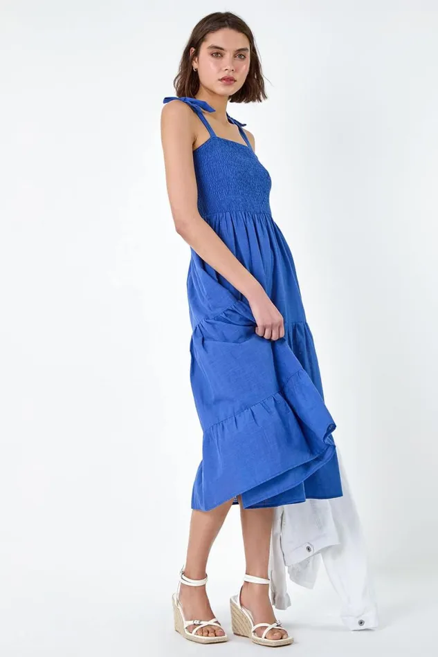 Women Denim Shirred Tie Cotton Tiered Midi Dress Roman Dresses