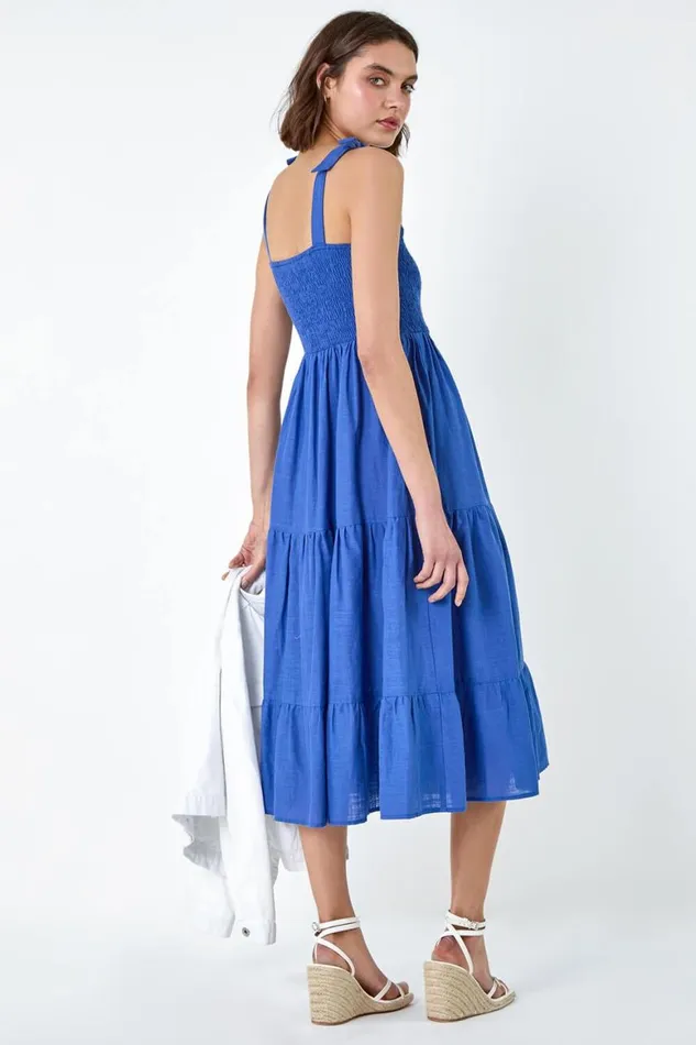 Women Denim Shirred Tie Cotton Tiered Midi Dress Roman Dresses