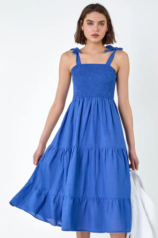 Women Denim Shirred Tie Cotton Tiered Midi Dress Roman Dresses