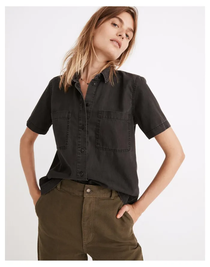 Women Denim Short Sleeve Button Up Shirt In Lunar Wash Lunar Wash Madewell Tops and Shirts Women Denim Short Sleeve Button Up Shirt In Lunar Wash Lunar Wash Madewell Tops and Shirts