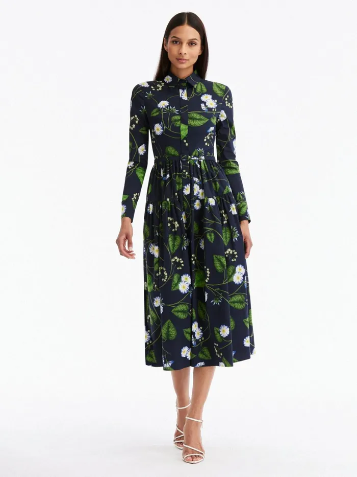 Women Dresses Oscar De La Renta Long Sleeve Morning Glory Cotton Poplin Dress Whitedark Navy