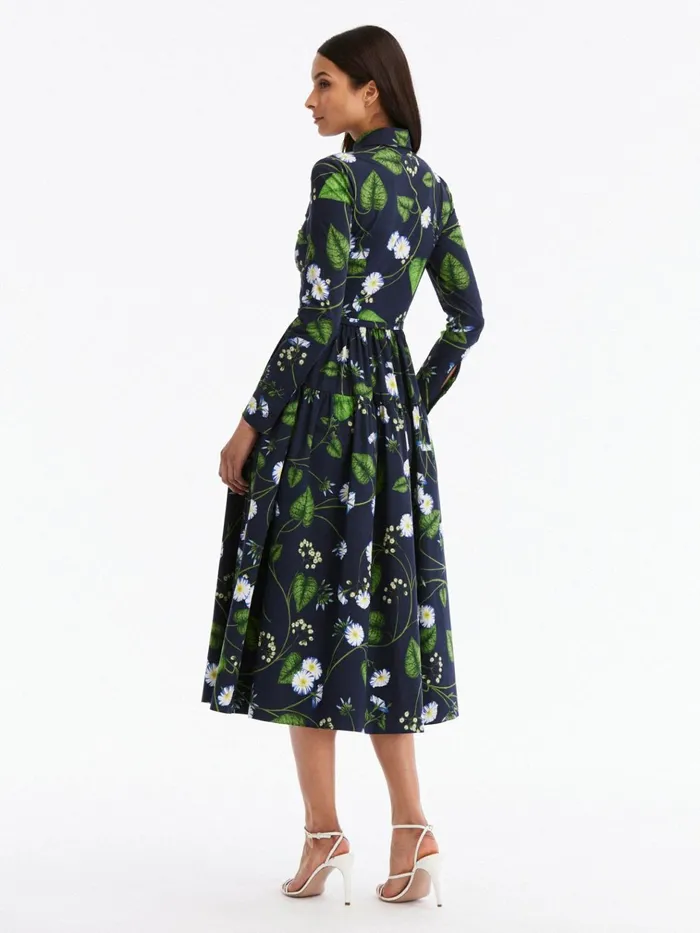 Women Dresses Oscar De La Renta Long Sleeve Morning Glory Cotton Poplin Dress Whitedark Navy