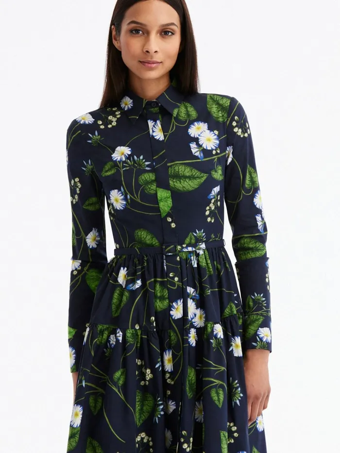 Women Dresses Oscar De La Renta Long Sleeve Morning Glory Cotton Poplin Dress Whitedark Navy
