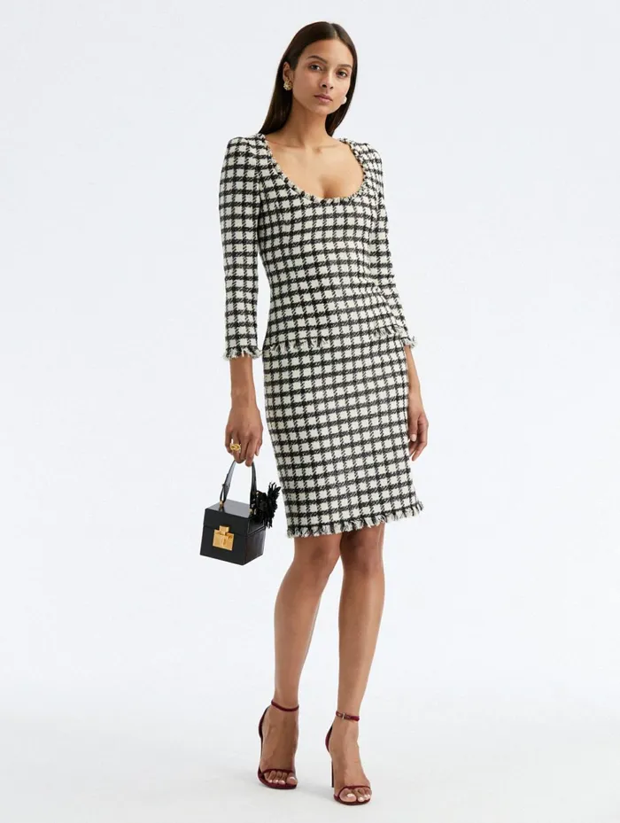 Women Dresses Oscar De La Renta Lurex Check Tweed Dress Ivoryblack Women Dresses Oscar De La Renta Lurex Check Tweed Dress Ivoryblack