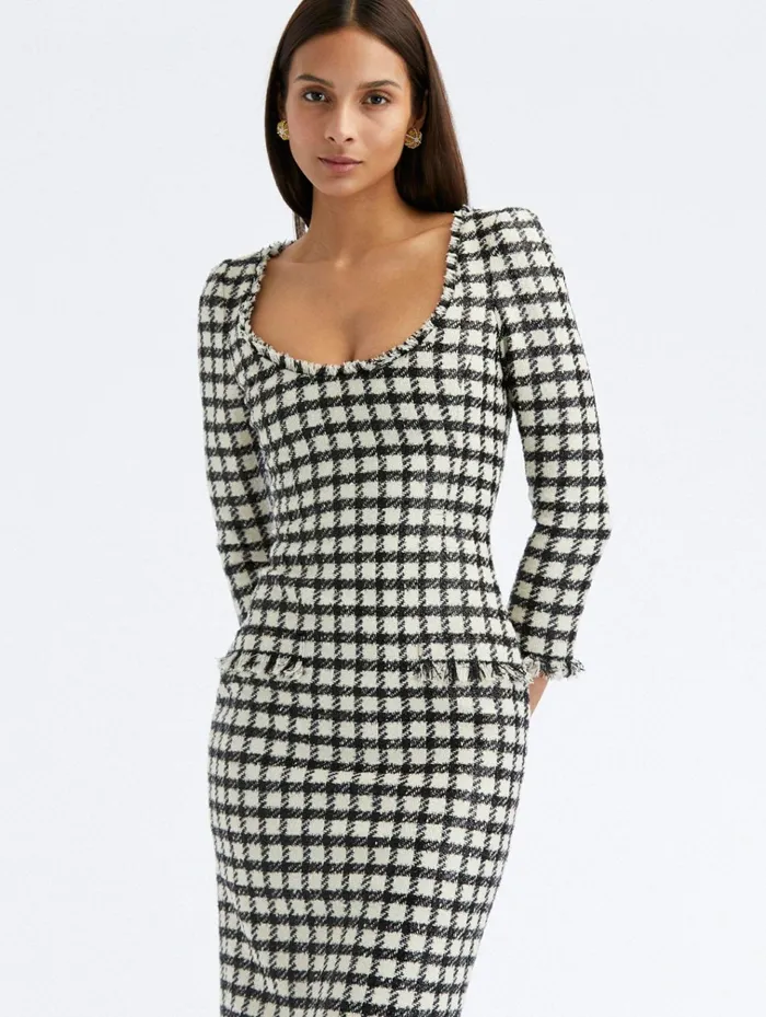 Women Dresses Oscar De La Renta Lurex Check Tweed Dress Ivoryblack Women Dresses Oscar De La Renta Lurex Check Tweed Dress Ivoryblack