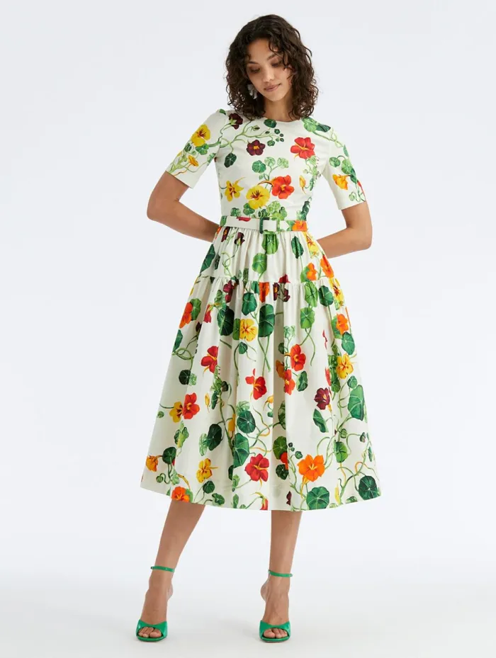 Women Dresses Oscar De La Renta Nasturtium Tiered Cotton Poplin Dress Ivory Multi