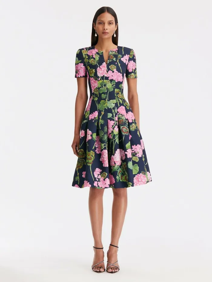 Women Dresses Oscar De La Renta Split Neck Geranium Faille Dress Pinknavy