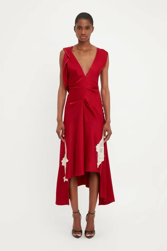 Women Dresses Victoria Beckham Draped Lace Midi Dress In Poppy Red