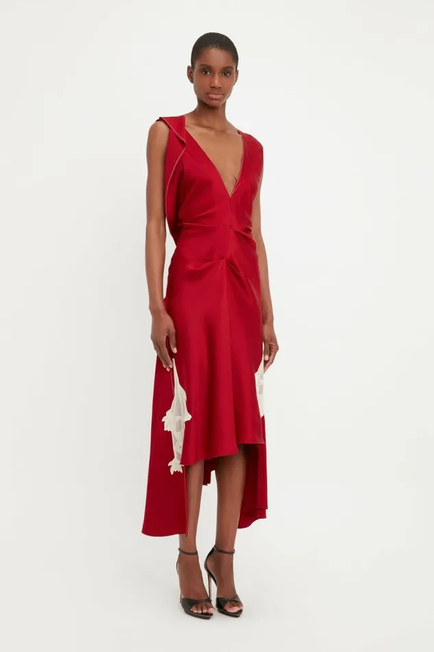 Women Dresses Victoria Beckham Draped Lace Midi Dress In Poppy Red