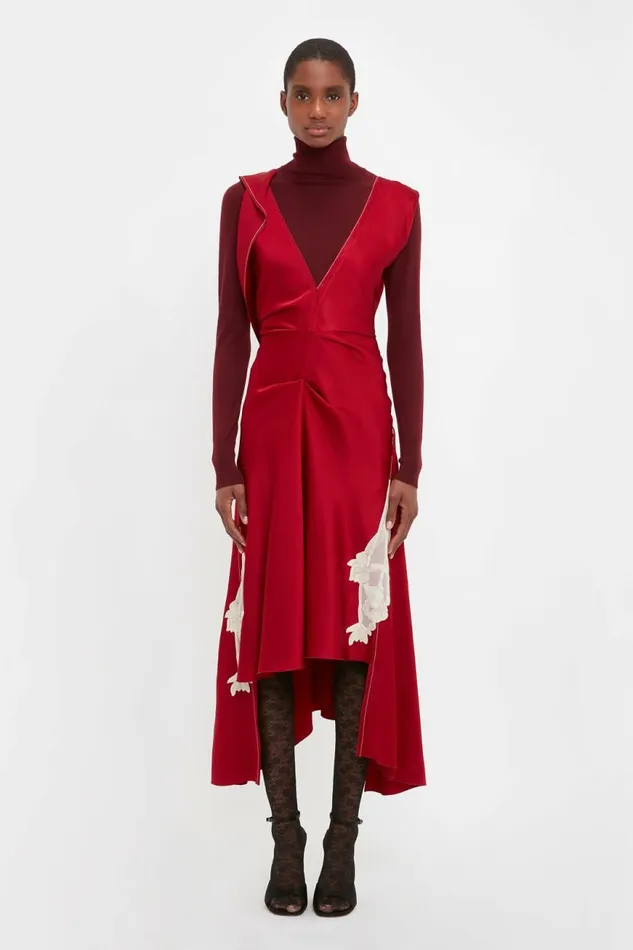 Women Dresses Victoria Beckham Draped Lace Midi Dress In Poppy Red