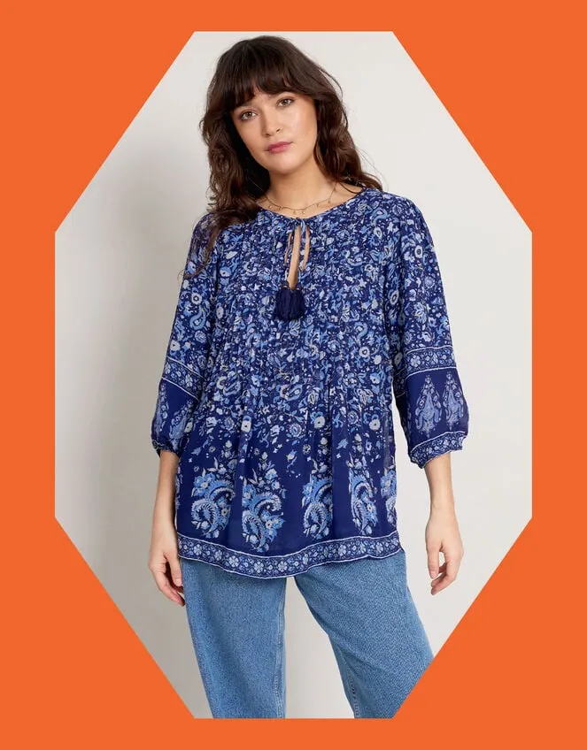 Women East Print Pleated Top Blue Monsoon Tops and Blouses