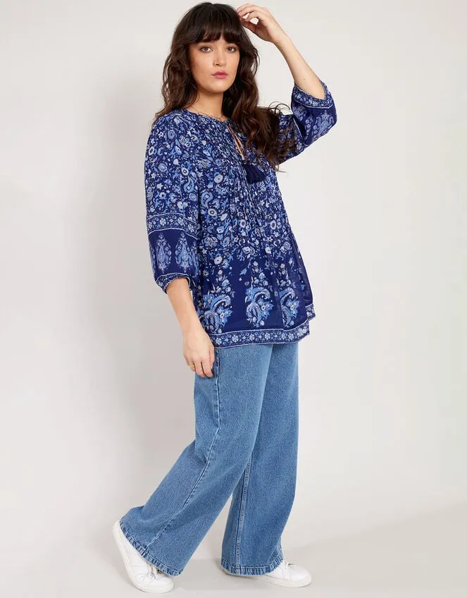 Women East Print Pleated Top Blue Monsoon Tops and Blouses