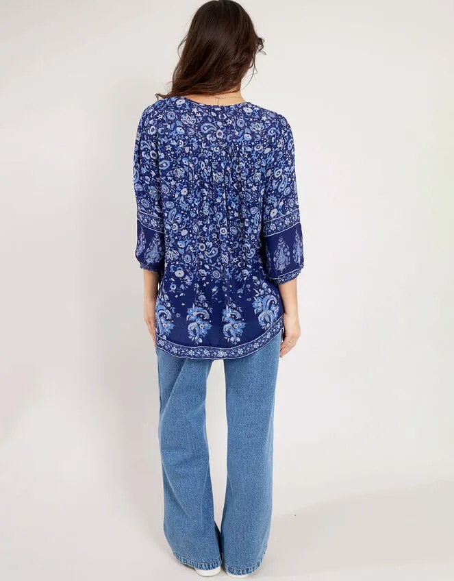 Women East Print Pleated Top Blue Monsoon Tops and Blouses