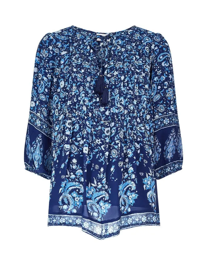 Women East Print Pleated Top Blue Monsoon Tops and Blouses