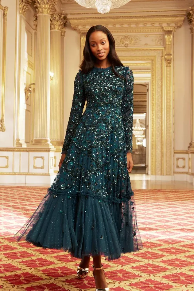 Women Embellished Dresses Needle and Thread Alina Sequin Ankle Gown Green