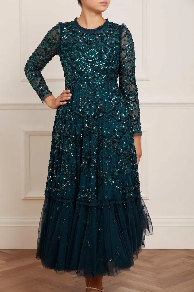 Women Embellished Dresses Needle and Thread Alina Sequin Ankle Gown Green