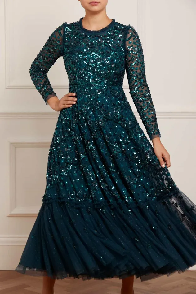 Women Embellished Dresses Needle and Thread Alina Sequin Ankle Gown Green