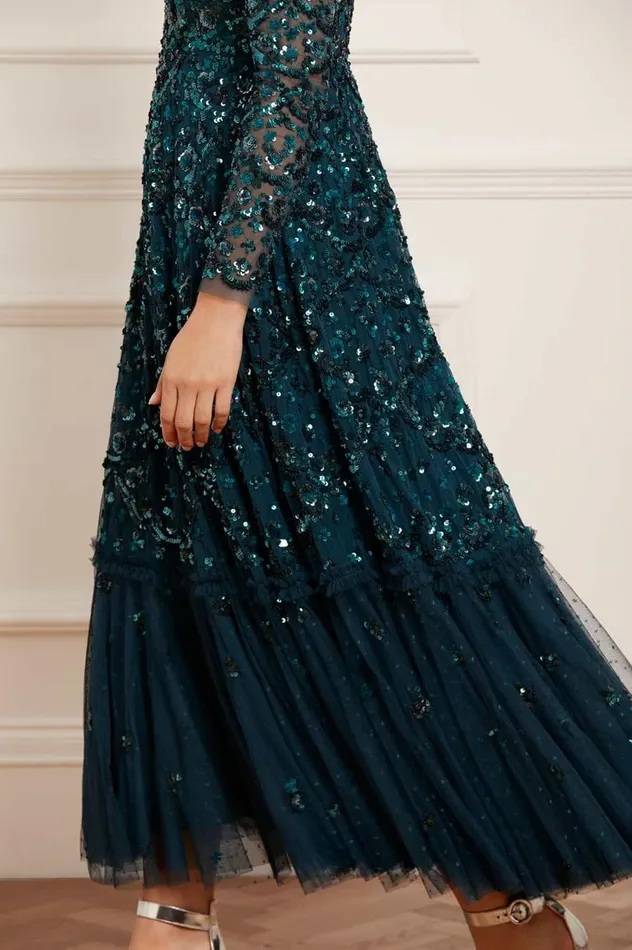 Women Embellished Dresses Needle and Thread Alina Sequin Ankle Gown Green