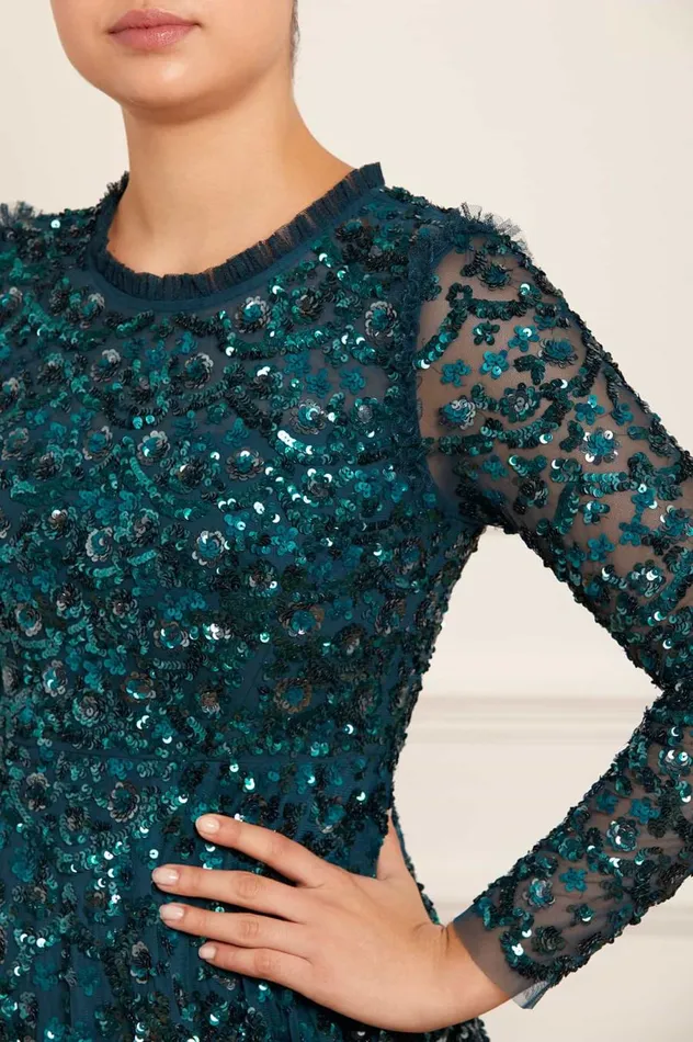 Women Embellished Dresses Needle and Thread Alina Sequin Ankle Gown Green