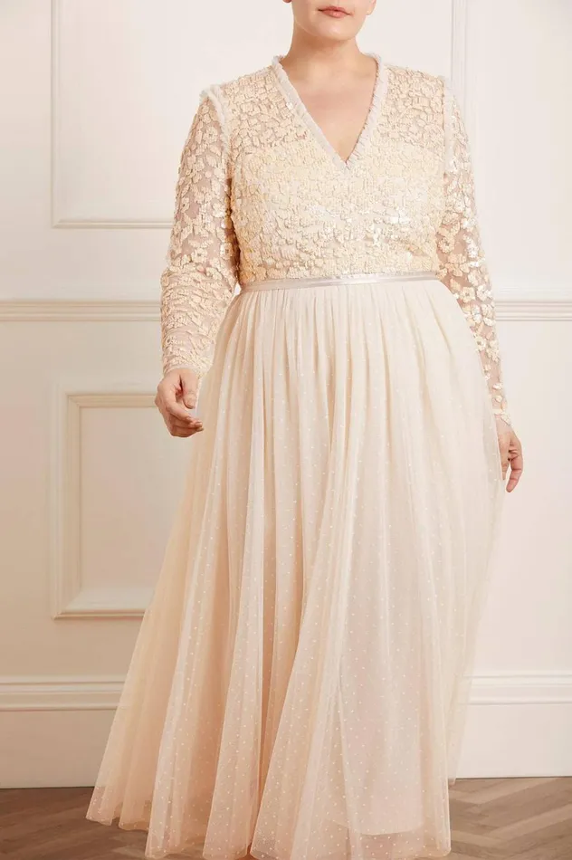 Women Embellished Dresses Needle and Thread Amalie Bodice Long Sleeve VNeck Ankle Gown Champagne Women Embellished Dresses Needle and Thread Amalie Bodice Long Sleeve VNeck Ankle Gown Champagne