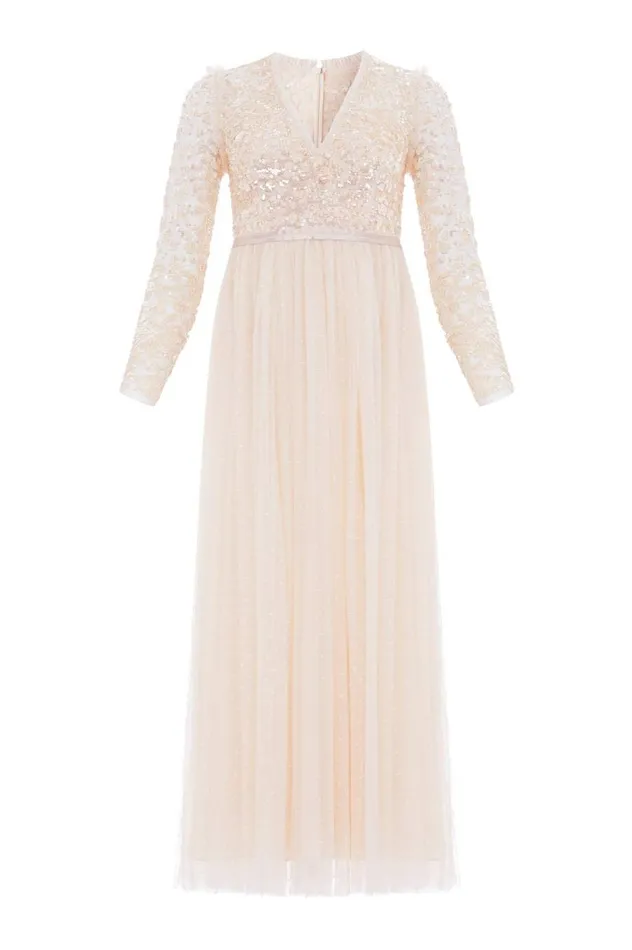 Women Embellished Dresses Needle and Thread Amalie Bodice Long Sleeve VNeck Ankle Gown Champagne
