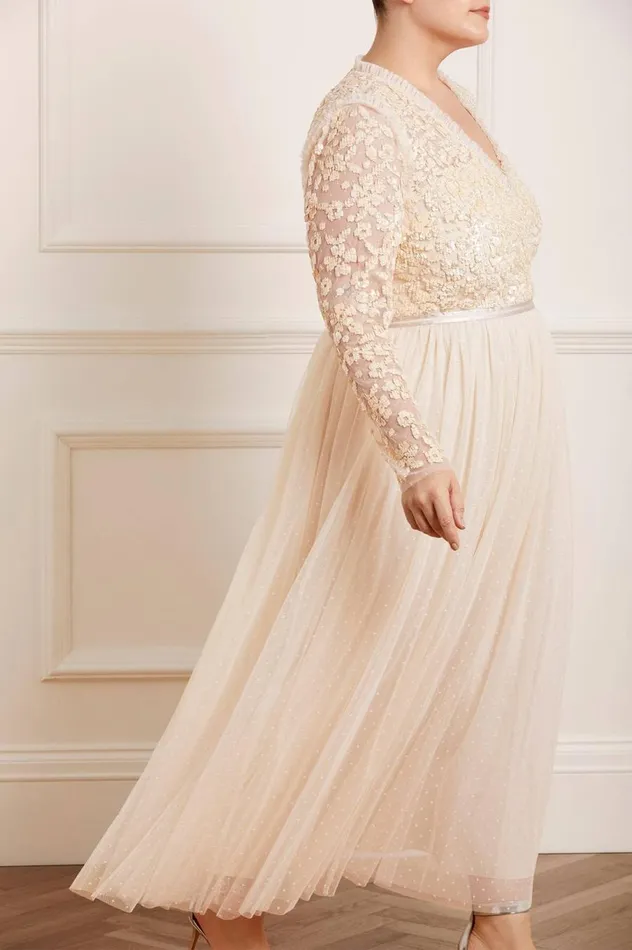 Women Embellished Dresses Needle and Thread Amalie Bodice Long Sleeve VNeck Ankle Gown Champagne