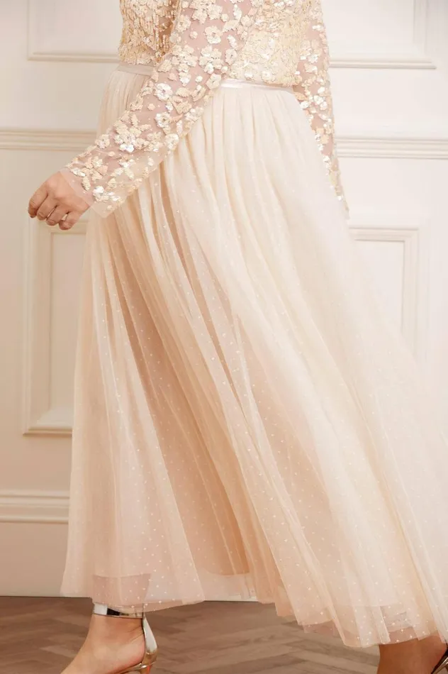 Women Embellished Dresses Needle and Thread Amalie Bodice Long Sleeve VNeck Ankle Gown Champagne
