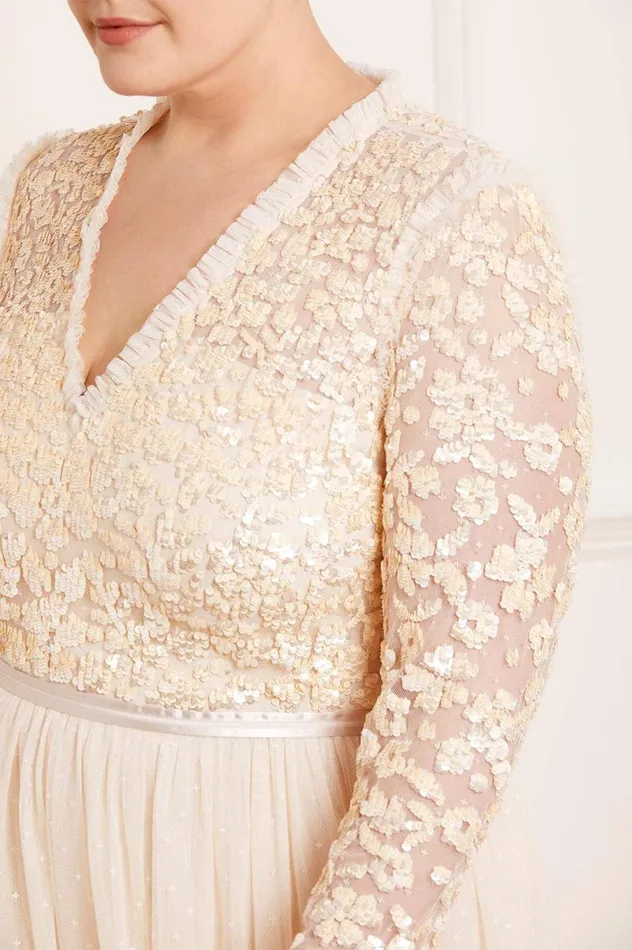Women Embellished Dresses Needle and Thread Amalie Bodice Long Sleeve VNeck Ankle Gown Champagne