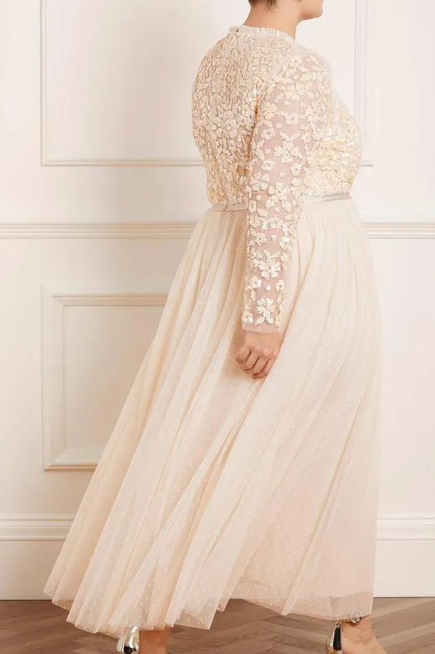 Women Embellished Dresses Needle and Thread Amalie Bodice Long Sleeve VNeck Ankle Gown Champagne