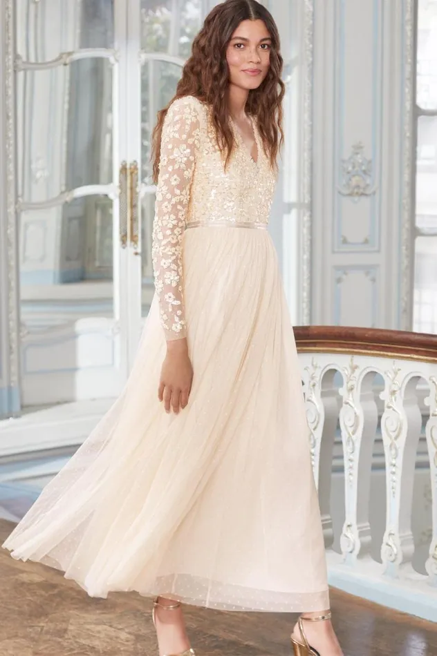 Women Embellished Dresses Needle and Thread Amalie Bodice Long Sleeve VNeck Ankle Gown Champagne