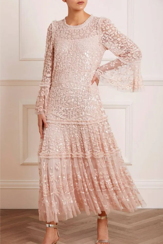Women Embellished Dresses Needle and Thread Annie Sequin Tiered Ankle Gown Pink
