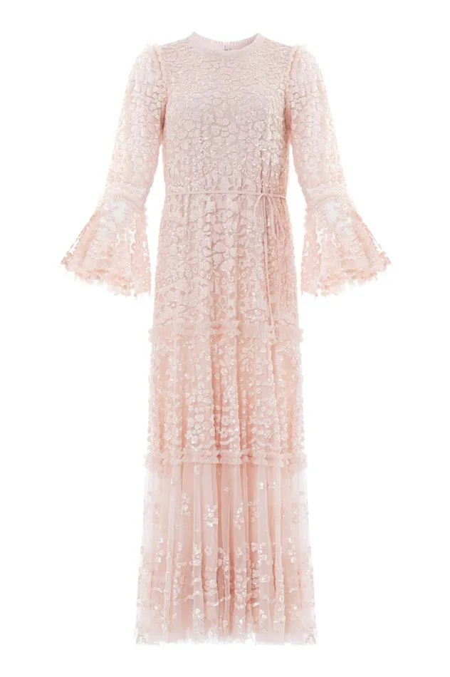 Women Embellished Dresses Needle and Thread Annie Sequin Tiered Ankle Gown Pink
