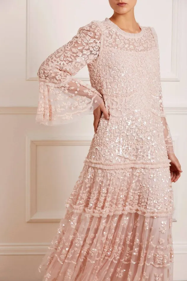 Women Embellished Dresses Needle and Thread Annie Sequin Tiered Ankle Gown Pink