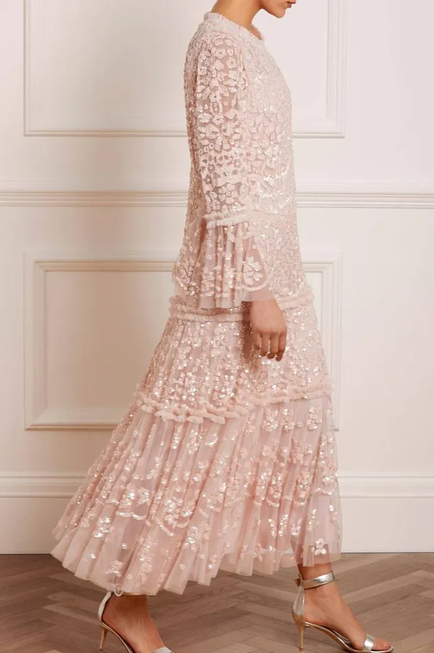 Women Embellished Dresses Needle and Thread Annie Sequin Tiered Ankle Gown Pink
