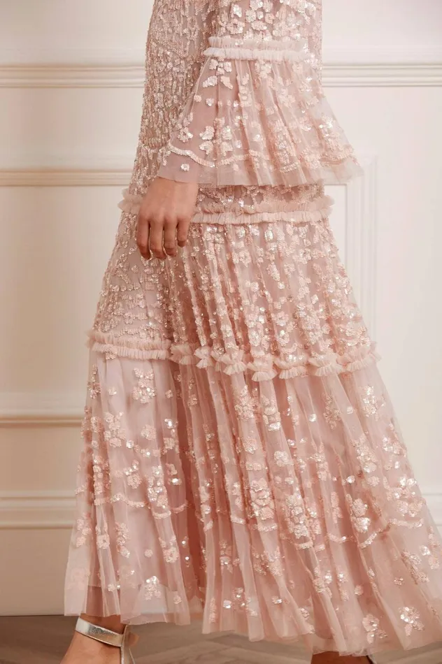 Women Embellished Dresses Needle and Thread Annie Sequin Tiered Ankle Gown Pink