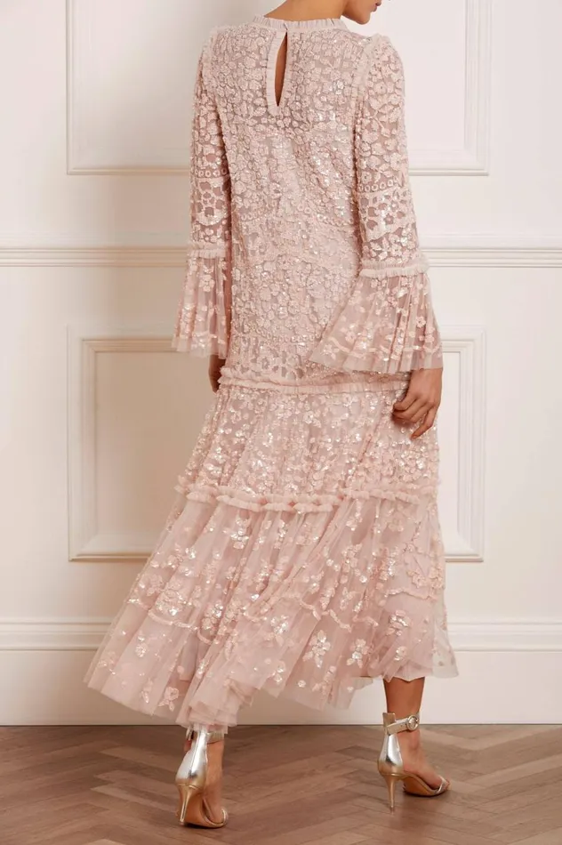 Women Embellished Dresses Needle and Thread Annie Sequin Tiered Ankle Gown Pink