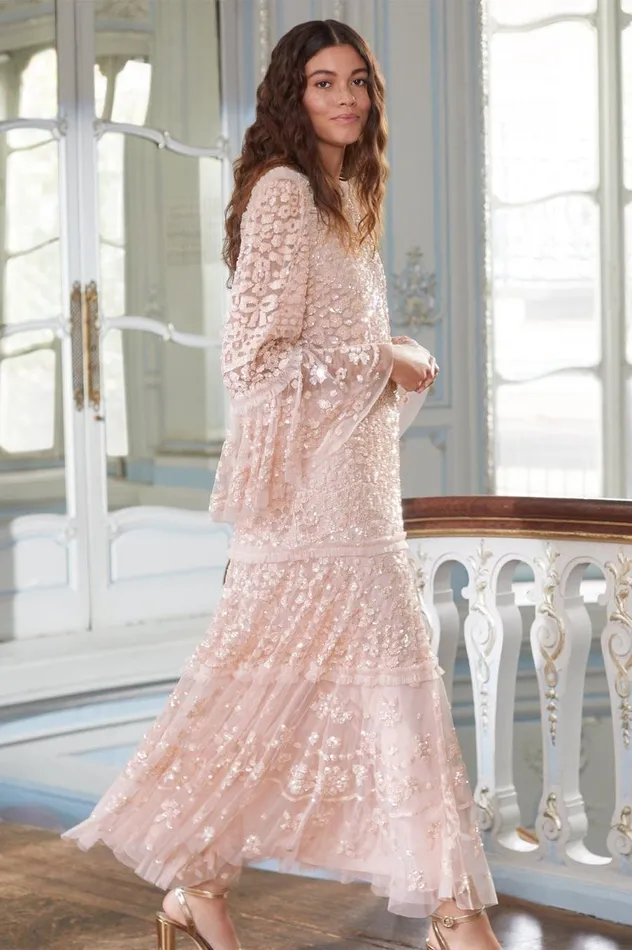 Women Embellished Dresses Needle and Thread Annie Sequin Tiered Ankle Gown Pink