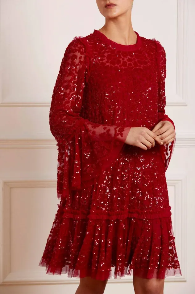 Women Embellished Dresses Needle and Thread Annie Sequin Tiered Mini Dress Red