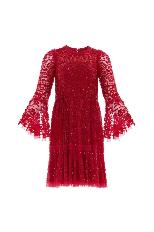 Women Embellished Dresses Needle and Thread Annie Sequin Tiered Mini Dress Red