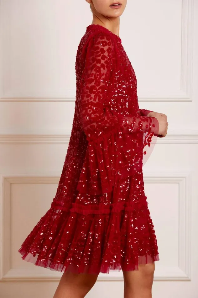 Women Embellished Dresses Needle and Thread Annie Sequin Tiered Mini Dress Red