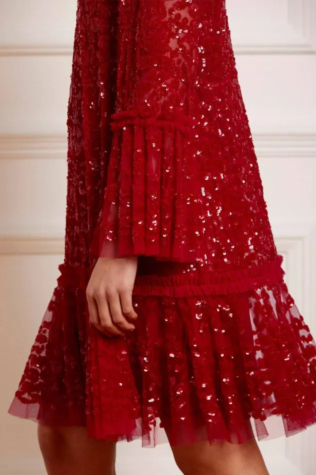 Women Embellished Dresses Needle and Thread Annie Sequin Tiered Mini Dress Red