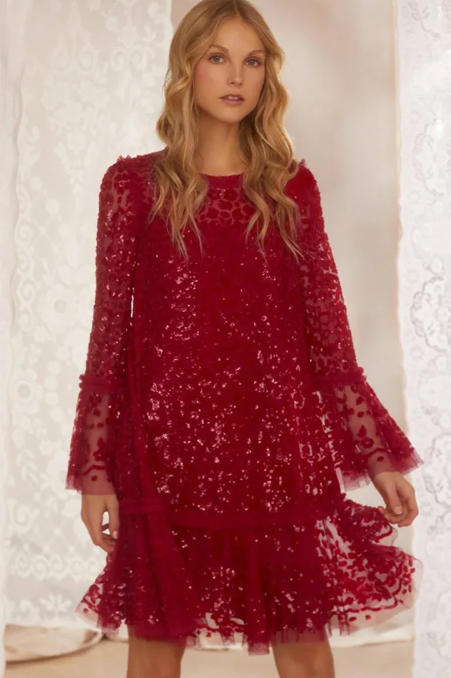 Women Embellished Dresses Needle and Thread Annie Sequin Tiered Mini Dress Red