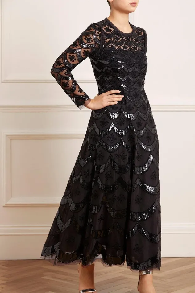 Women Embellished Dresses Needle and Thread Fifi Long Sleeve Ankle Gown Black